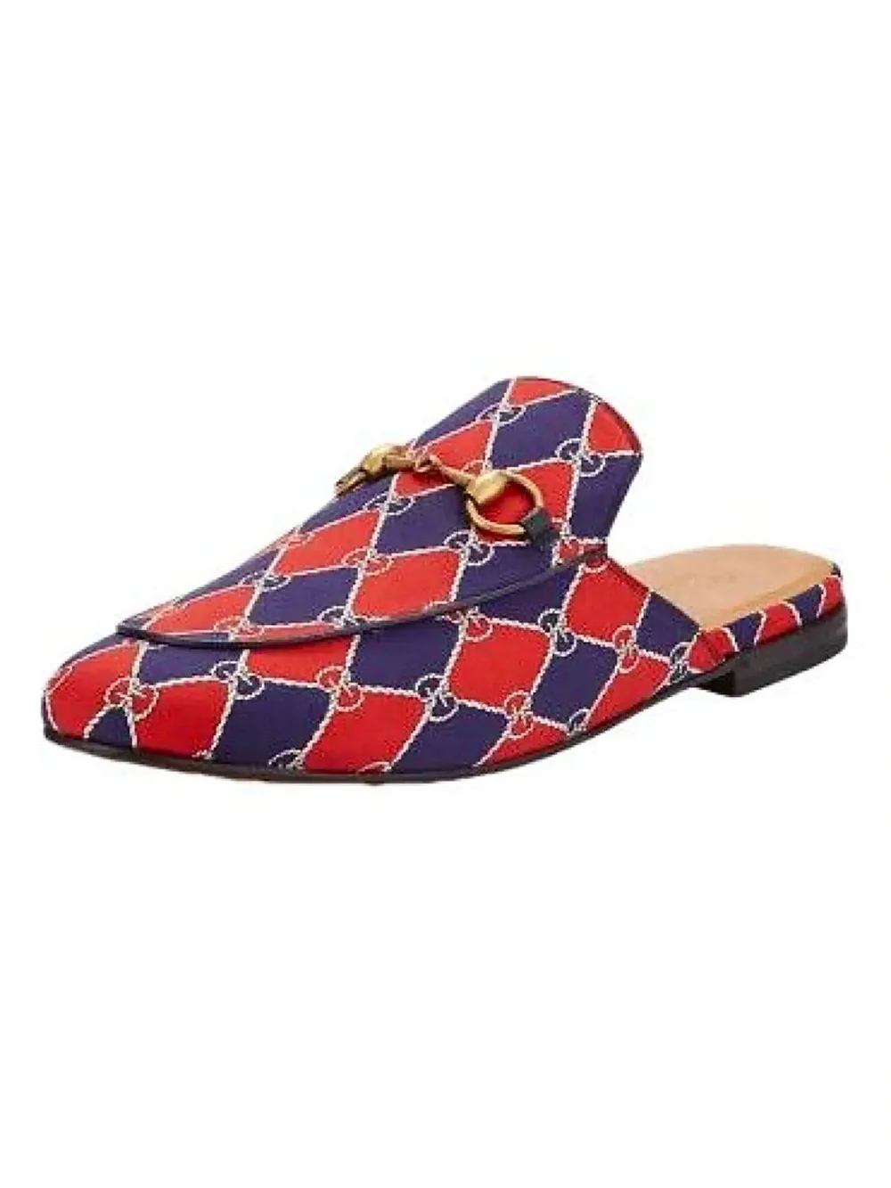 Gucci Princetown Horsebit Print Satin Mules Red Navy